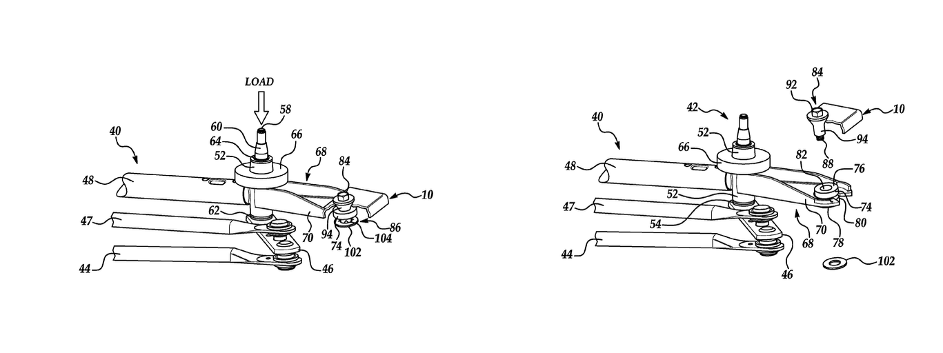 Original patent Figures 5 and 6 showing the applied impact load and the released mounting bracket after ferrule separation